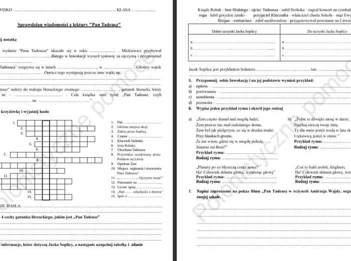 Sprawdzian. Kartkówki "Pan Tadeusz"