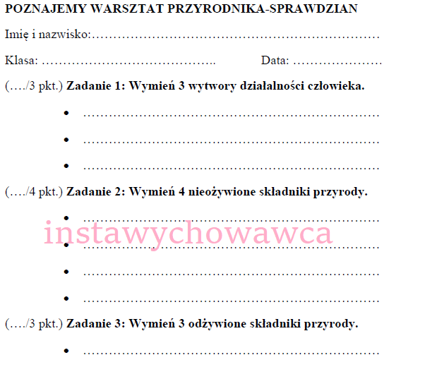 Poznajemy warsztat przyrodnika - sprawdzian