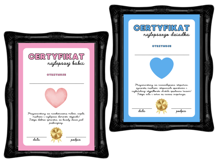 Certyfikat Najlepszej Babci & Certyfikat Najlepszego Dziadka do własnego wypełniania & Druku. Dzień Babci I Dziadka