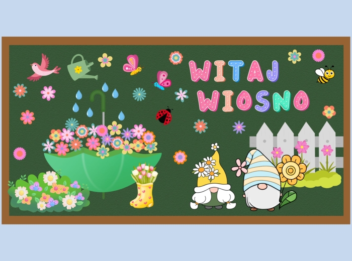 Gazetka wiosenna - dekoracja z napisem WITAJ WIOSNO