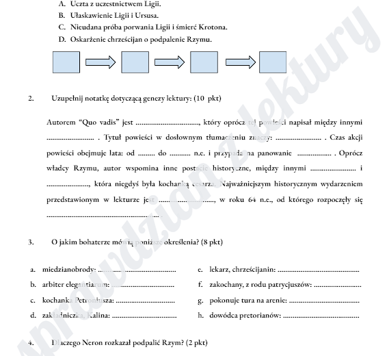 "Quo vadis" - sprawdzian po omówieniu lektury