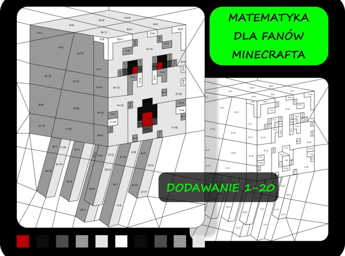 Kolorowanka według wyników dodawania, dodawanie 1-20, Minecraft, matematyka dla fanów Minecrafta