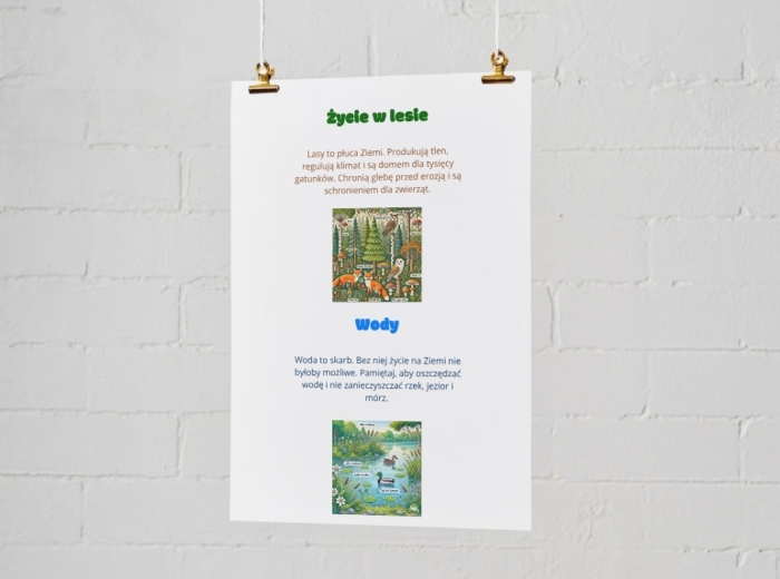 Plakaty edukacyjne. Życie w lesie. Wody. Owady. Ptaki. Nie śmieć w lesie. Każda kropla jest cenna. Ratujmy drzewa.