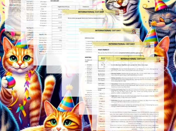 International Cat Day Poziom A1 dla dzieci oraz B1 Karty pracy Gotowa lekcja Worksheet