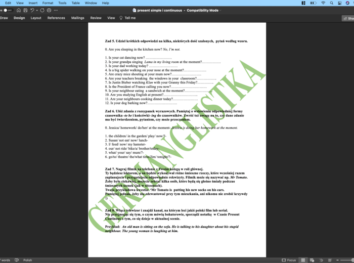 Present Continuous i Present Simple- ćwiczenia dla uczniów szkoły podstawowej
