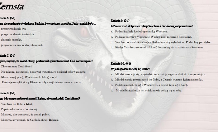 Test wprowadzający/powtórzeniowy do lektury "Zemsta"