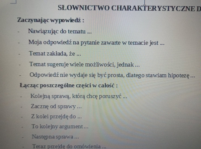 Słownictwo do rozprawki z wklejką do zeszytu