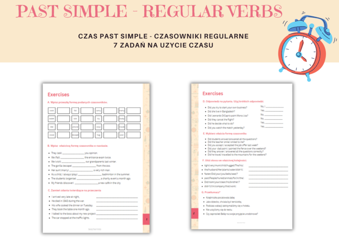 Past Simple - Regular Verbs - karta pracy na wprowadzenie do czasu przeszłego, czasowniki regularne, pytania, przeczenia, zdania twierdzące, krótkie odpowiedzizadania, ćwiczenia