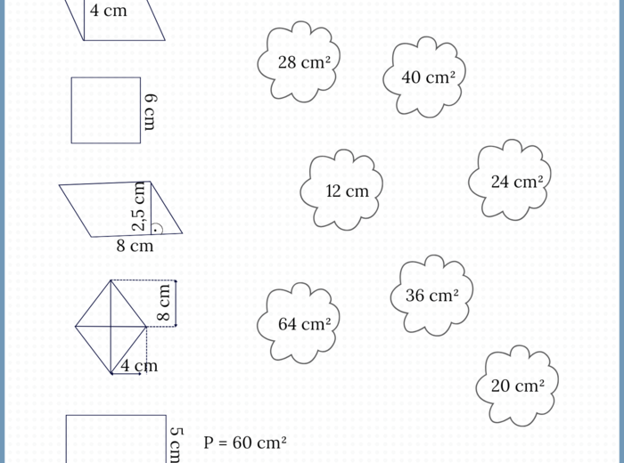 Pole prostokąta, kwadratu, równoległoboku i rombu - karta pracy