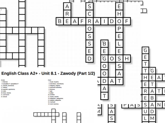 English Class A2+ – Unit 8 – krzyżówki – Zawody/8.2_8.3/Szkoła i edukacja/Out of class