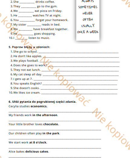 Karta pracy - Present Simple A1/A2