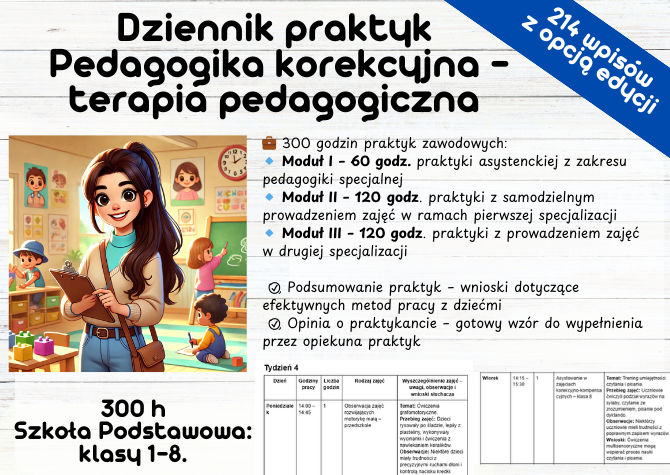 DZIENNIK PRAKTYK – PEDAGOGIKA KOREKCYJNA – TERAPIA PEDAGOGICZNA (300h)