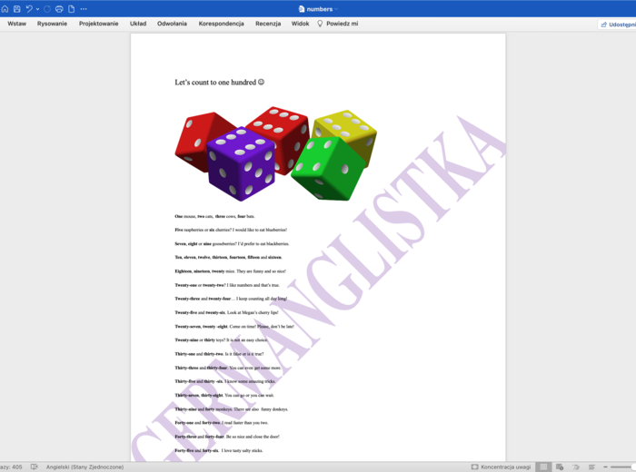 Rymowana powtórka z liczebników od 1 do 100- j. angielski