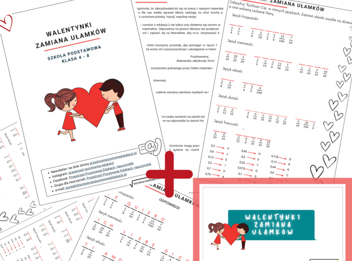 Walentynki: zamiana ułamków (klasa 4-8)