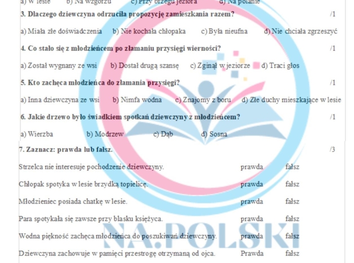 Świtezianka - kartkówka z treści lektury