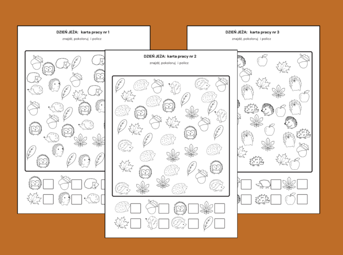 DZIEŃ JEŻA: znajdź, pokoloruj i policz - karta pracy - 3 wersje