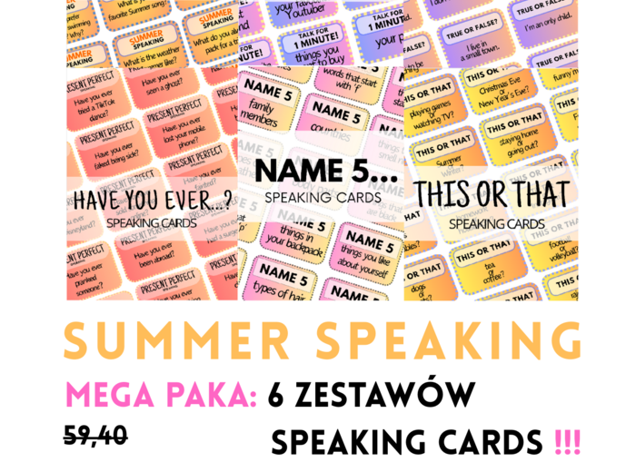 SUMMER SPEAKING - MEGA PAKA: aż 564 Speaking Cards– 6 zestawów – angielski – mówienie - wakacje - lato - A2-B1+