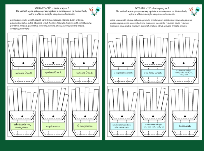 ORTOGRAFIA - ZESTAW - wyrazy z "Ó" i "U" - zasady - wklejka - karta pracy - 6 wersji + odpowiedzi