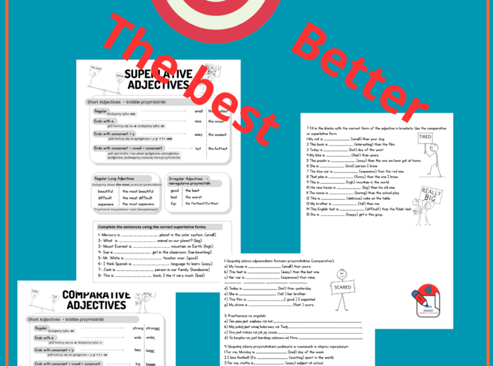 ADJECTIVES- COMPERATIVES & SUPERLATIVES- notatki, ćwiczenia, klucz dla SP
