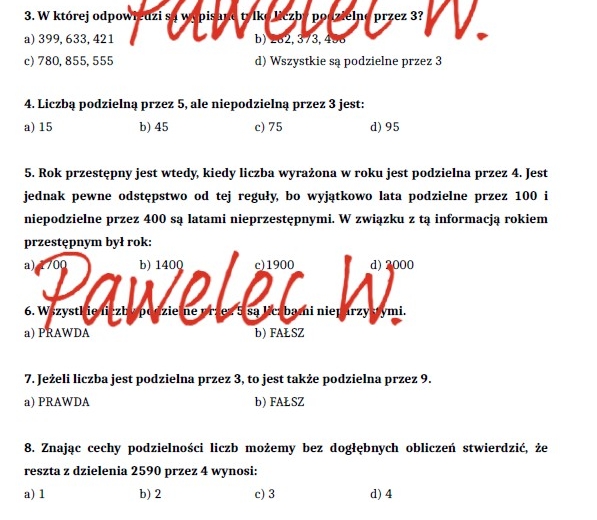 PODZIELNOŚĆ LICZB - test, kartkówka, kl. 5, 6