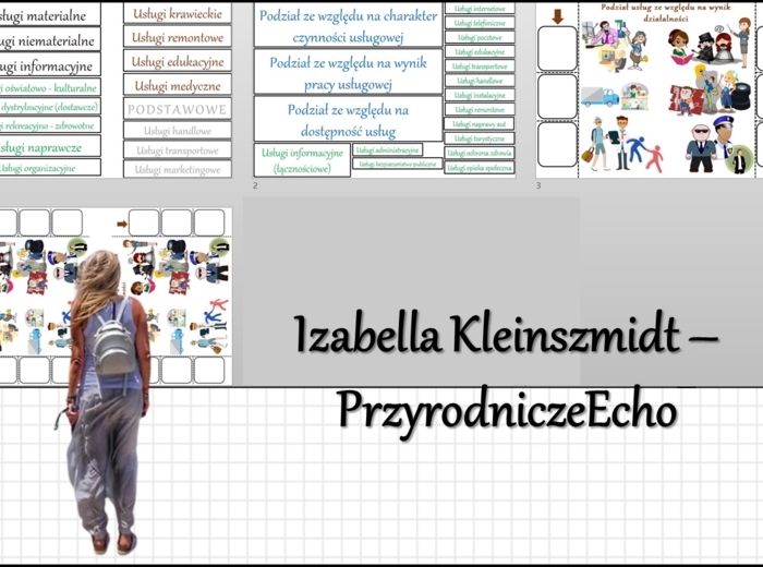 Materiał do zalaminowania/praca w grupach/stacje zadaniowe/układanka/puzzle + notatka okienkowa „Rodzaje usług”, „Rodzaje usług. Łączność i transport” w pdf. Geografia 7 dział „Usługi w Polsce”.