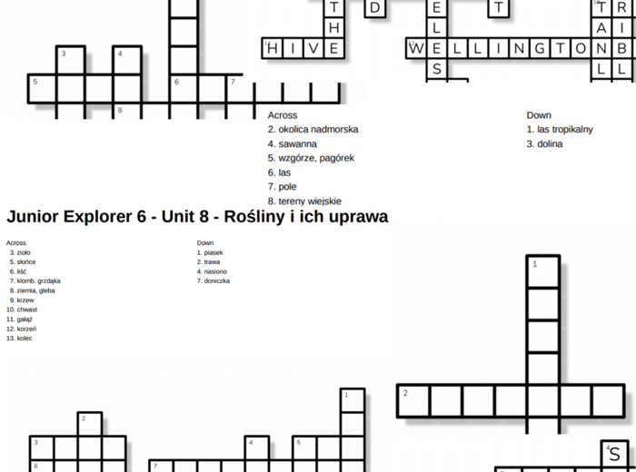 Junior Explorer 6 – Unit 8 – krzyżówki – Zwierzęta/Rośliny i ich uprawa/Ochrona środowiska/Krajobraz/Inne słówka