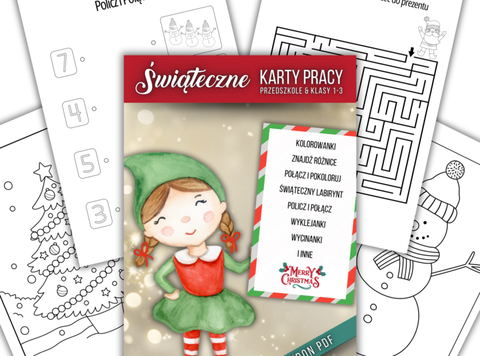 Świąteczne Karty Pracy - 35 Stron :Świąteczne Łamigłówki, zadania i Kolorowanki dla przedszkolaków & klas 1-3