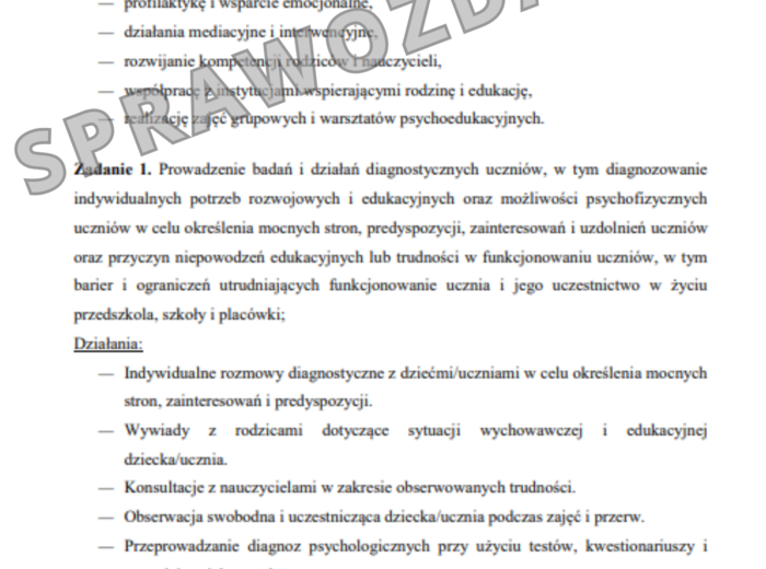 Plan pracy psychologa, przykładowe wpisy do dziennika, wzorcowe sprawozdanie