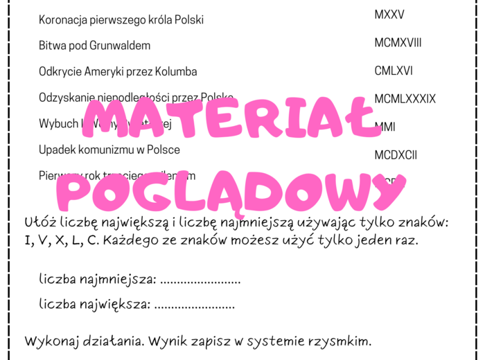 Liczby rzymskie - karta pracy. Egzamin ósmoklasisty.