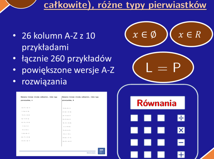 Równania liniowe (liczby całkowite), różne typy pierwiastków | matematyka, algebra | 26 kolumn