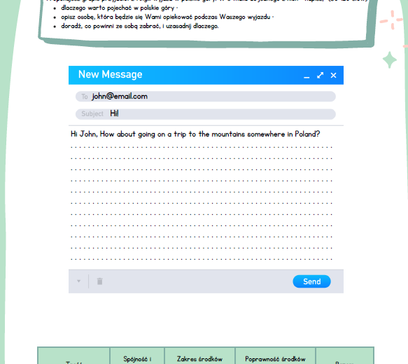 Writing Egzamin 8-klasisty, zadania do pisania wraz z tabelą oceniania.