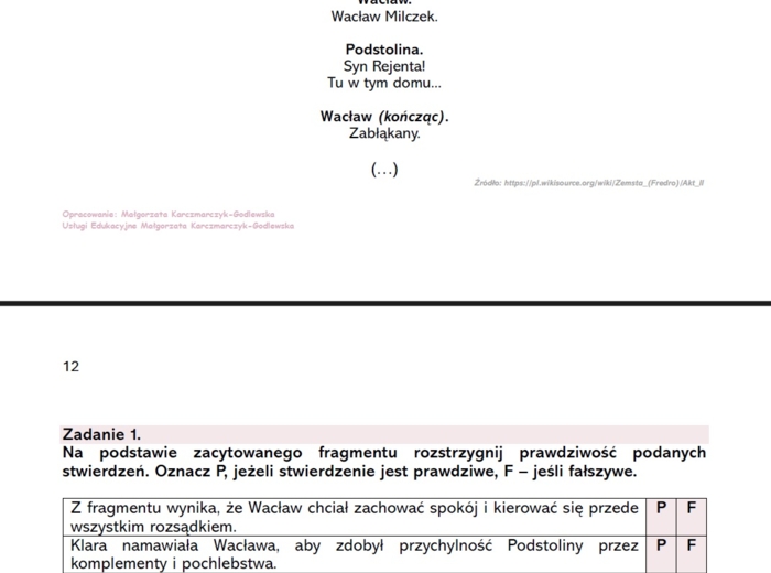 Fragmenty lektur do czytania i omawiania poczas lekcji