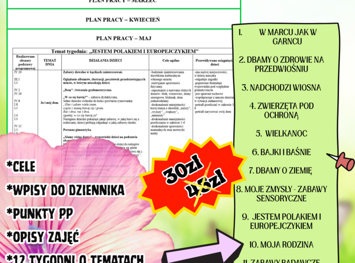 PLANY PRACY - WIOSNA (plany do edycji z wpisami do dziennika, celami, punktami PP, materiałami do druku)