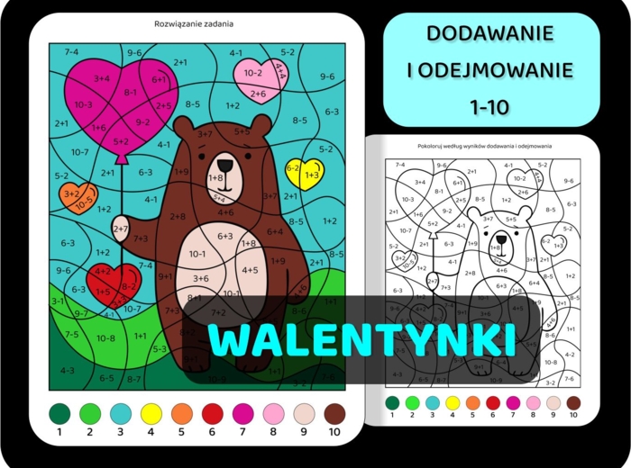 Kolorowanka matematyczna, pokoloruj wyniki dodawania i odejmowania, Walentynki, miś,  dodawanie w zakresie 10