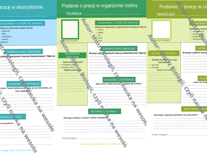 Zestaw biologicznych podań o pracę (rośliny, narządy, ekologia)