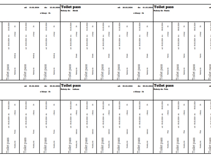 (Przepustki do toalety)(Toilet pass)(dla uczniów w trakcie zajęć)(Wyjściówki do WC)