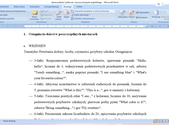 Sprawozdanie nauczyciela języka angielskiego za I półrocze pracy w przedszkolu