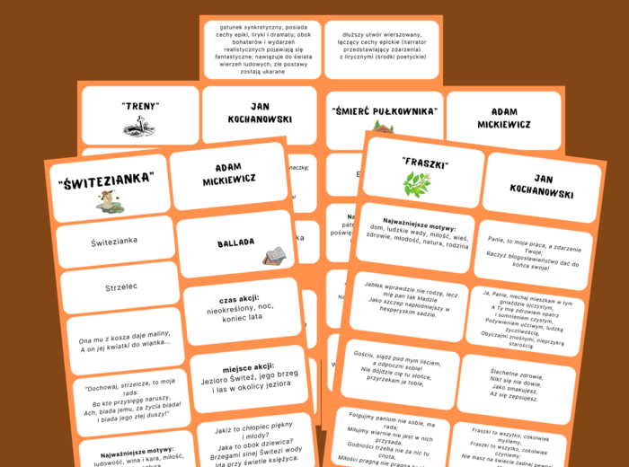 LIRYKA I GATUNKI MIESZANE - lektury z kl. 7-8 - fiszki - egzamin - powtórzenie