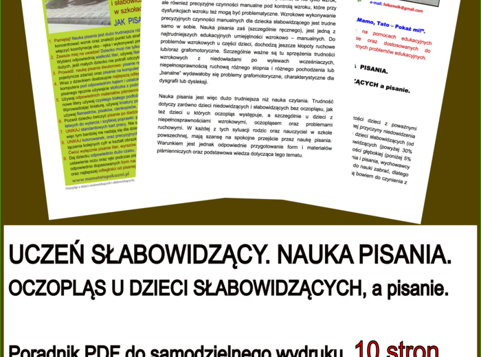 UCZEŃ SŁABOWIDZĄCY. NAUKA PISANIA. OCZOPLĄS U DZIECI SŁABOWIDZĄCYCH, a pisanie. Poradnik PDF do samodzielnego wydruku.