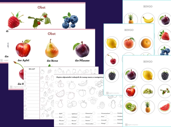 Niemiecki - materiały z zakresu leksykalnego Owoce: słownik obrazkowy, BINGO, 2 ćwiczenia