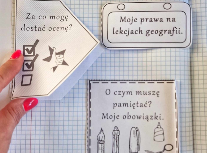 Przedmiotowe zasady oceniania (PZO) z geografii (klasa 5). Interaktywna notatka do wycinania, zginania i wypełniania przez ucznia.