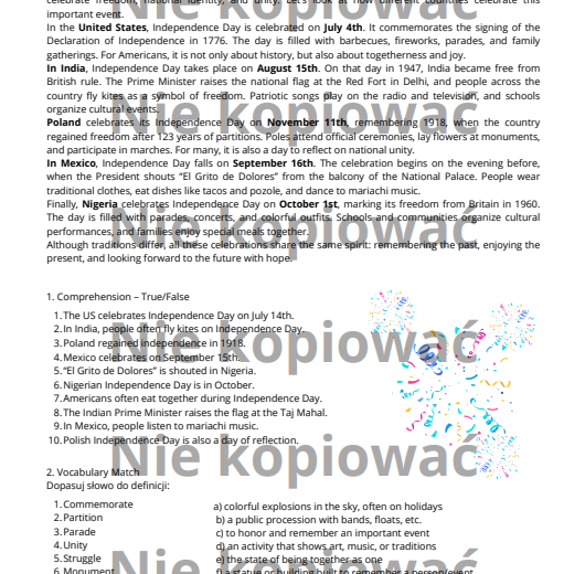 Independence Day throughout the World - czytanka B1/B2