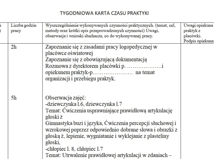 Dzienniczek praktyk logopedycznych