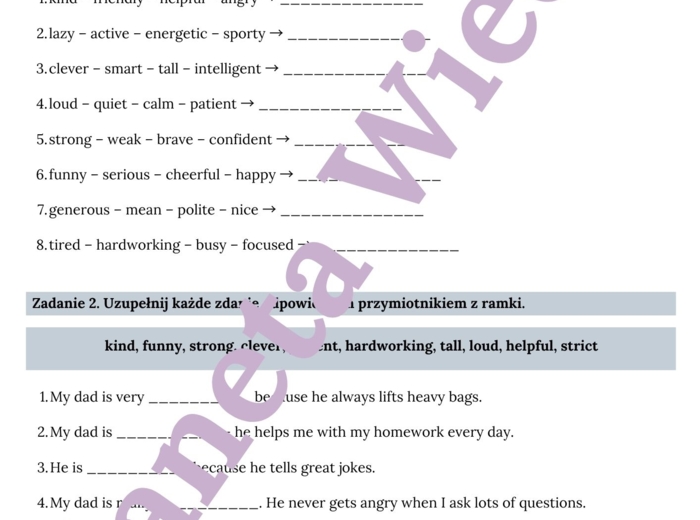 KARTA PRACY NA DZIEŃ TATY – FATHER’S DAY WORKSHEET, KLASY 4-8 SZKOŁY PODSTAWOWEJ- ćwiczenia znajomości przymiotników i zdań opisujących, zadania pisemne