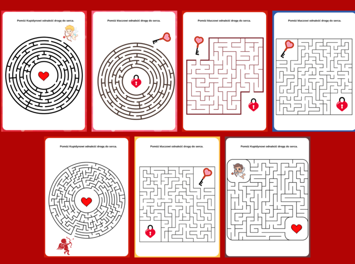 WALENTYNKI – biblioteka – świetlica – przedszkole – labirynty – labirynt – 14 wersji