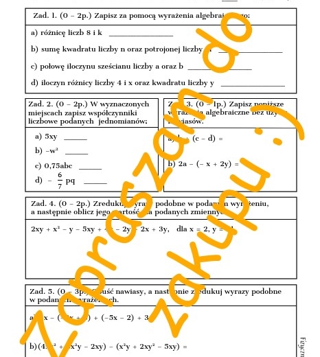 Wyrażenia algebraiczne cz. 1. - kartkówka, karta pracy