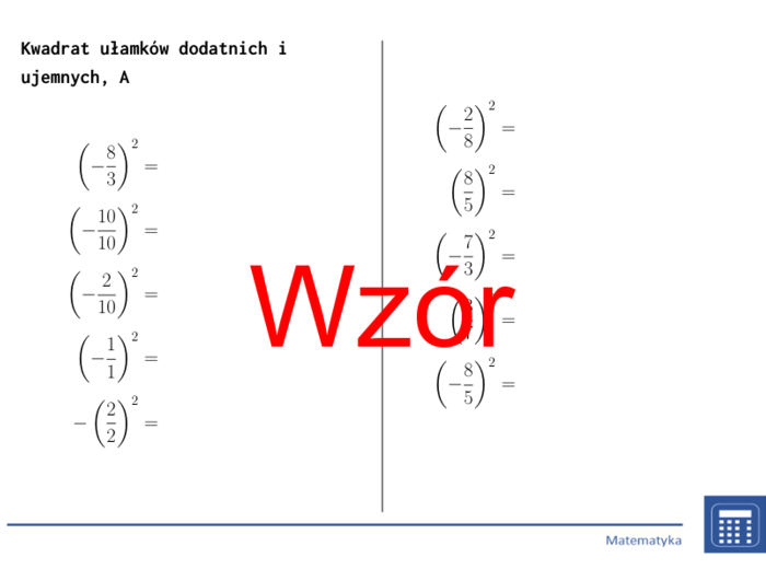 Kwadrat ułamków dodatnich i ujemnych | matematyka | 26 kolumn