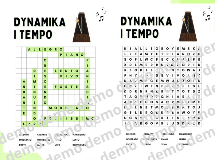 Muzyka, klasa 4-5. Dynamika i tempo. Karta pracy: wykreślanka.