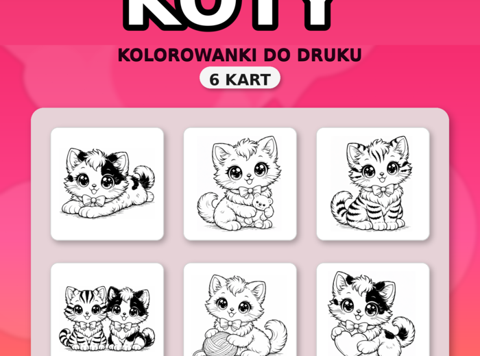 Dzień Kota, słodkie kotki kawaii do kolorowania – 6 kart A4 (PDF)
