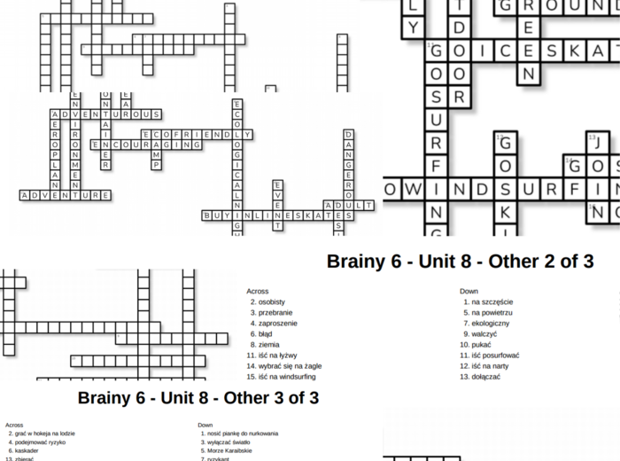 Brainy 6 – Unit 8 – krzyżówki – Adventure activities/Eco-friendly activities/Other